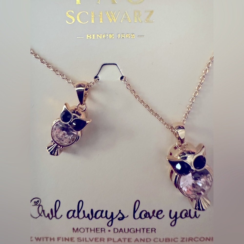 FAO SCHWARZ boxed jewelry necklace set mother and daughter owls NEW NWT NIB